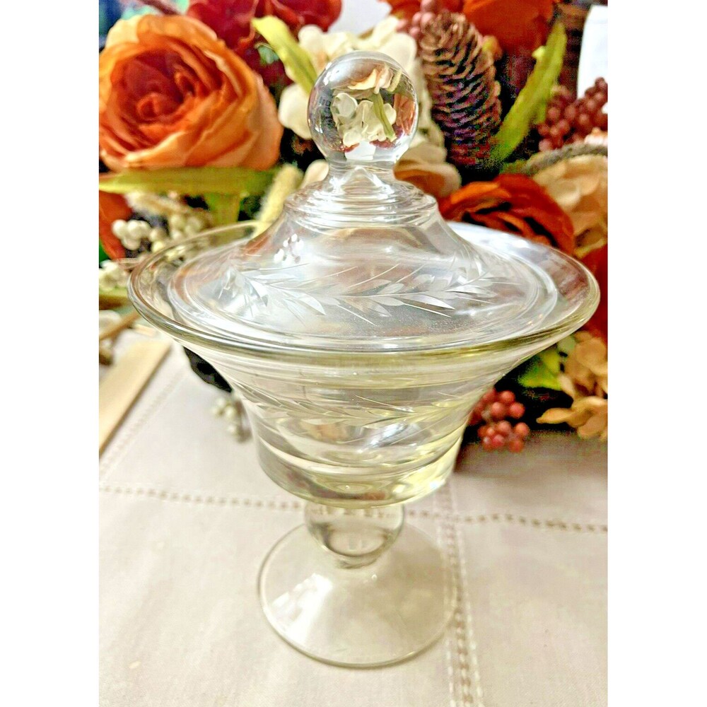 Tiffin Glass Lidded Candy Dish with Gold Engraved Flowers – 9” Tall